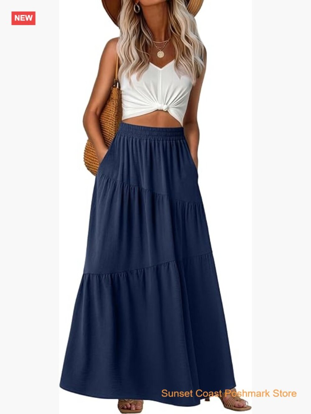 Women's Maxi Skirt High Waist Tiered A-Line Flowy Long Skirt with Pockets